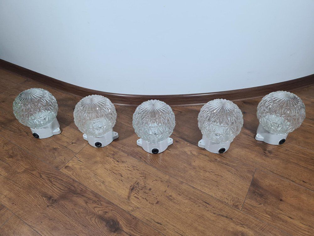 photo vintage Vintage Wall Lamps With Glass Spheres On White Ceramic Base, 1970s, Set Of 5