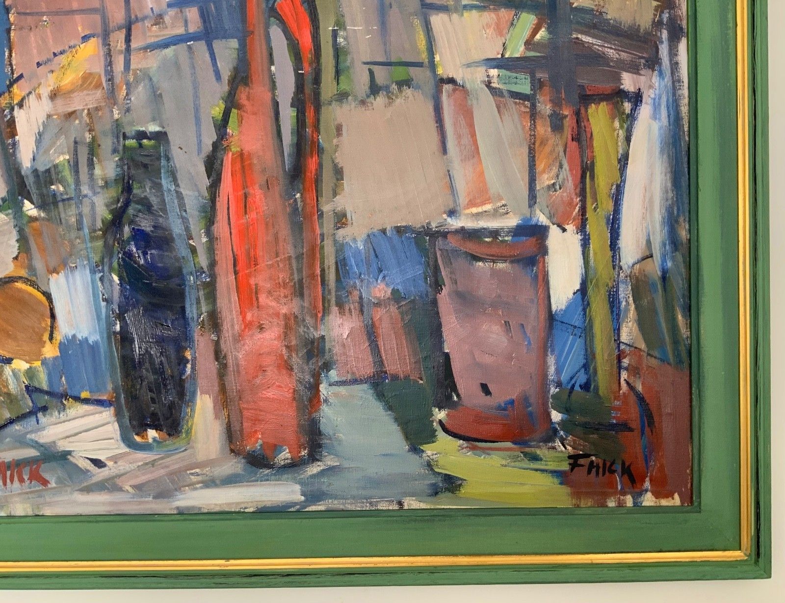 Vintage Modernists Oil Painting Still Life With Red Bottle, Signed Falck, 1960s photo Art