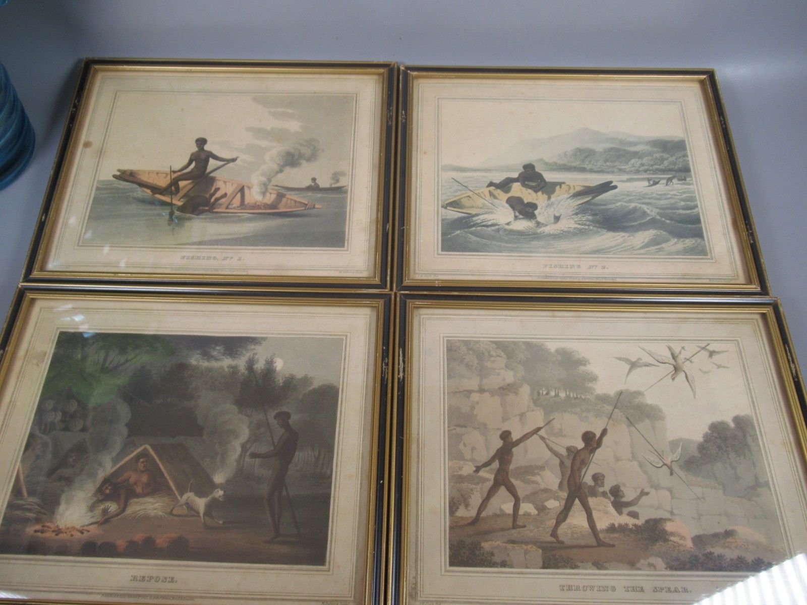 photo vintage 1813 M Dubourg Set 4 Prints New South Wales Indigenous Scenes Aquatint Antique