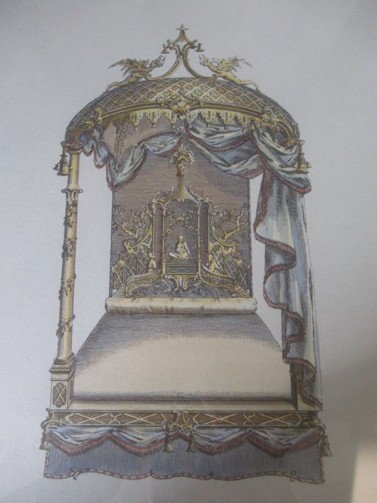 195.0 Set Of 4 Framed Thomas Chippendale Bed Engraving Prints 1753 Furniture Design photo