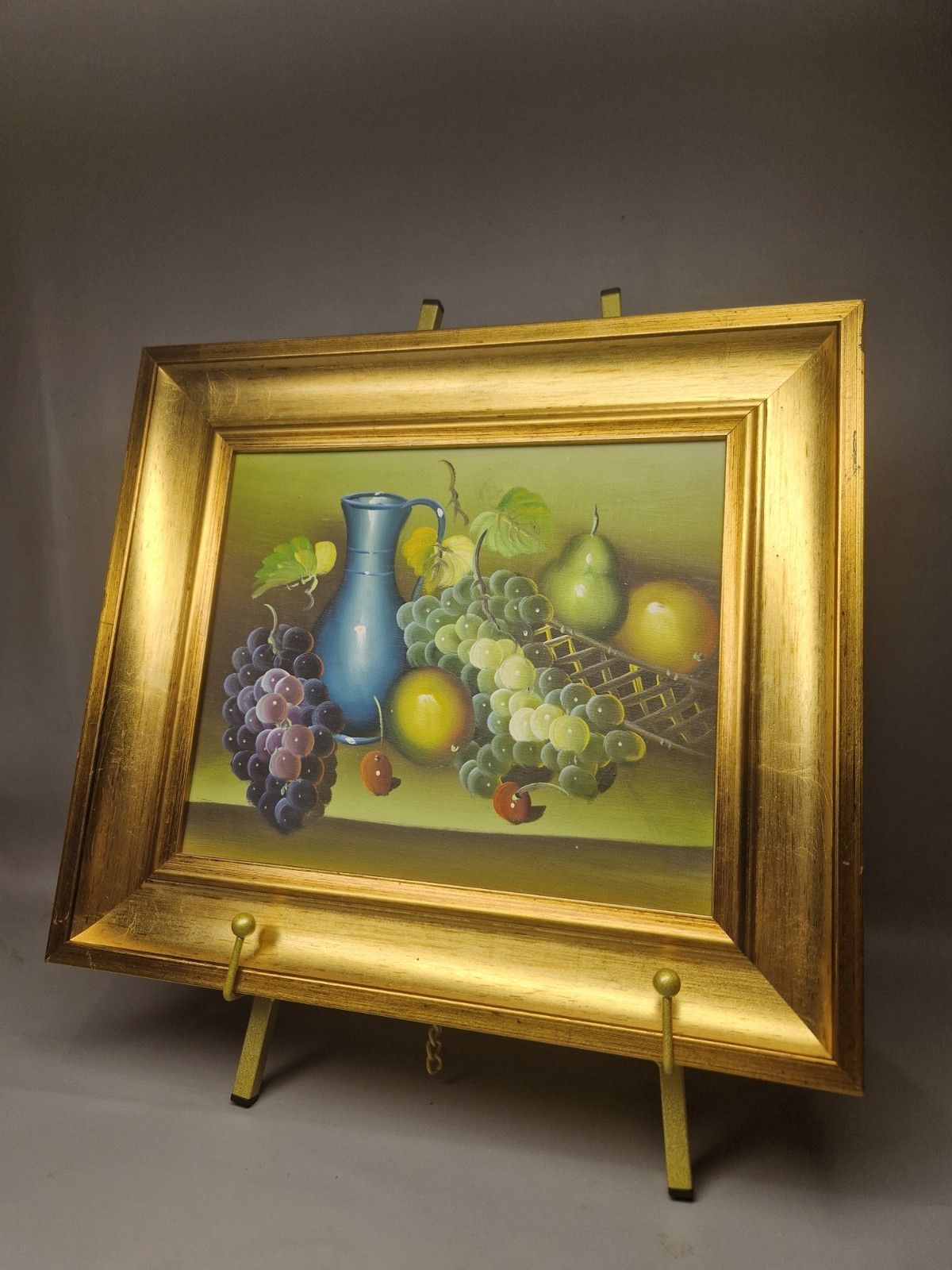 Vintage Framed Oil Painting Still Life Fruit Grapes Jug Pears Gilt Frame photo furniture