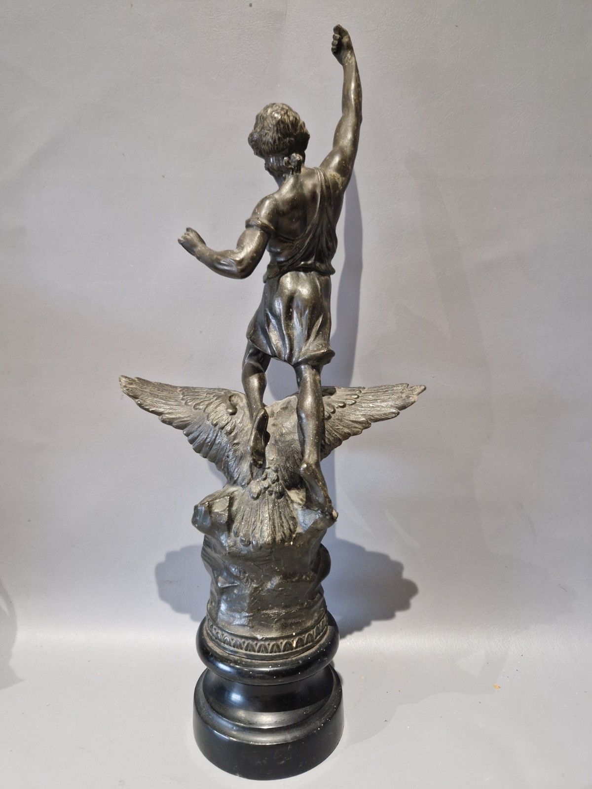 photo furniture Antique Spelter French Title La Nuit Statue Man On Eagle Wooden Base
