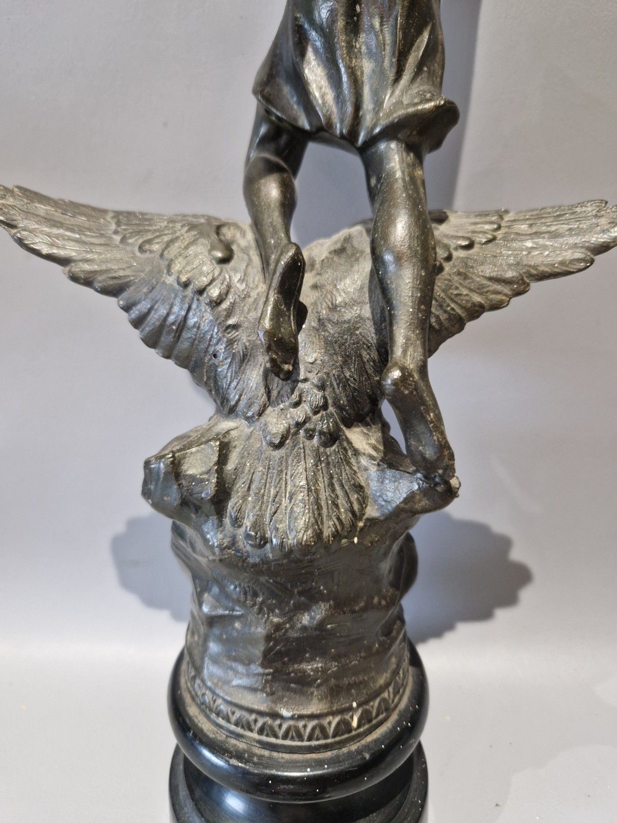 photo for sale Antique Spelter French Title La Nuit Statue Man On Eagle Wooden Base