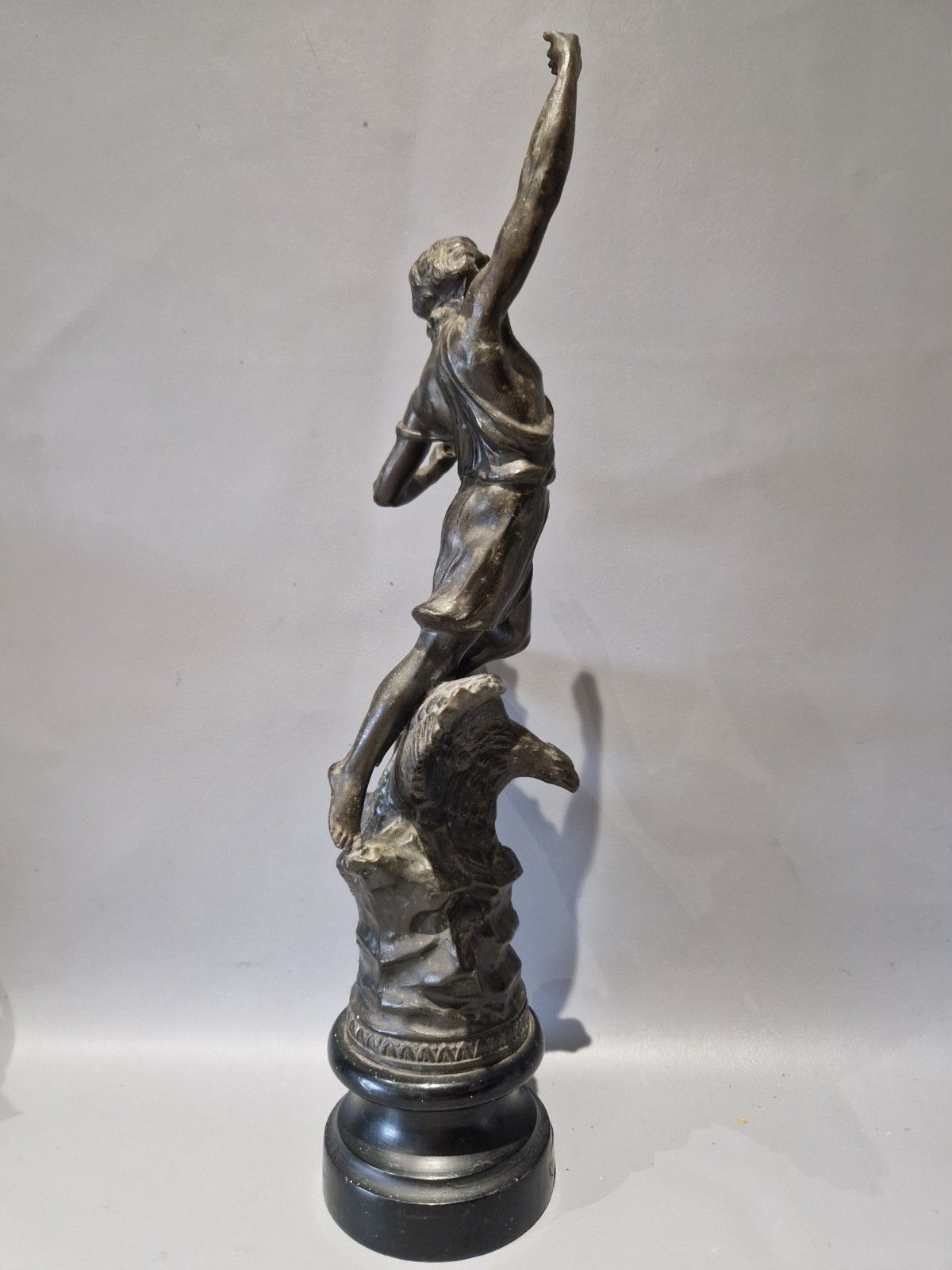 photo vinterior Antique Spelter French Title La Nuit Statue Man On Eagle Wooden Base