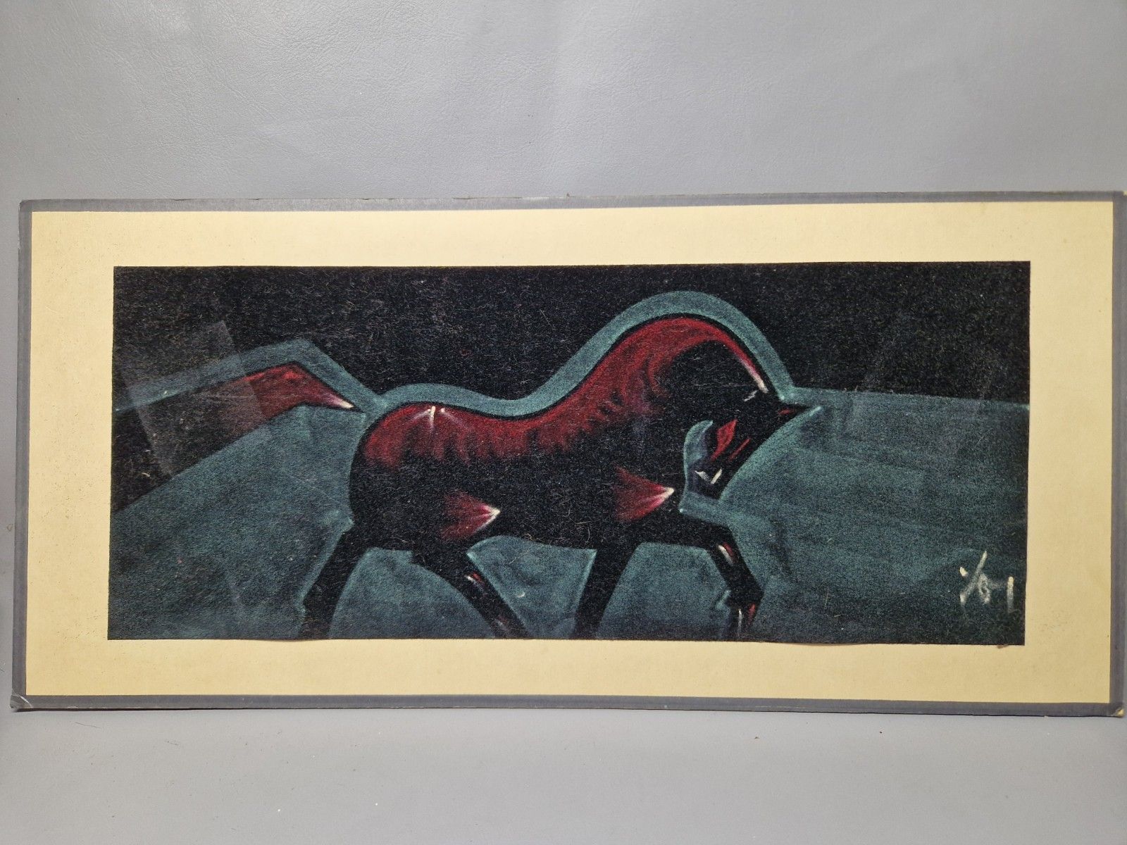 Mid Century Signed Velvet Painting Of A Horse Unframed But Mounted