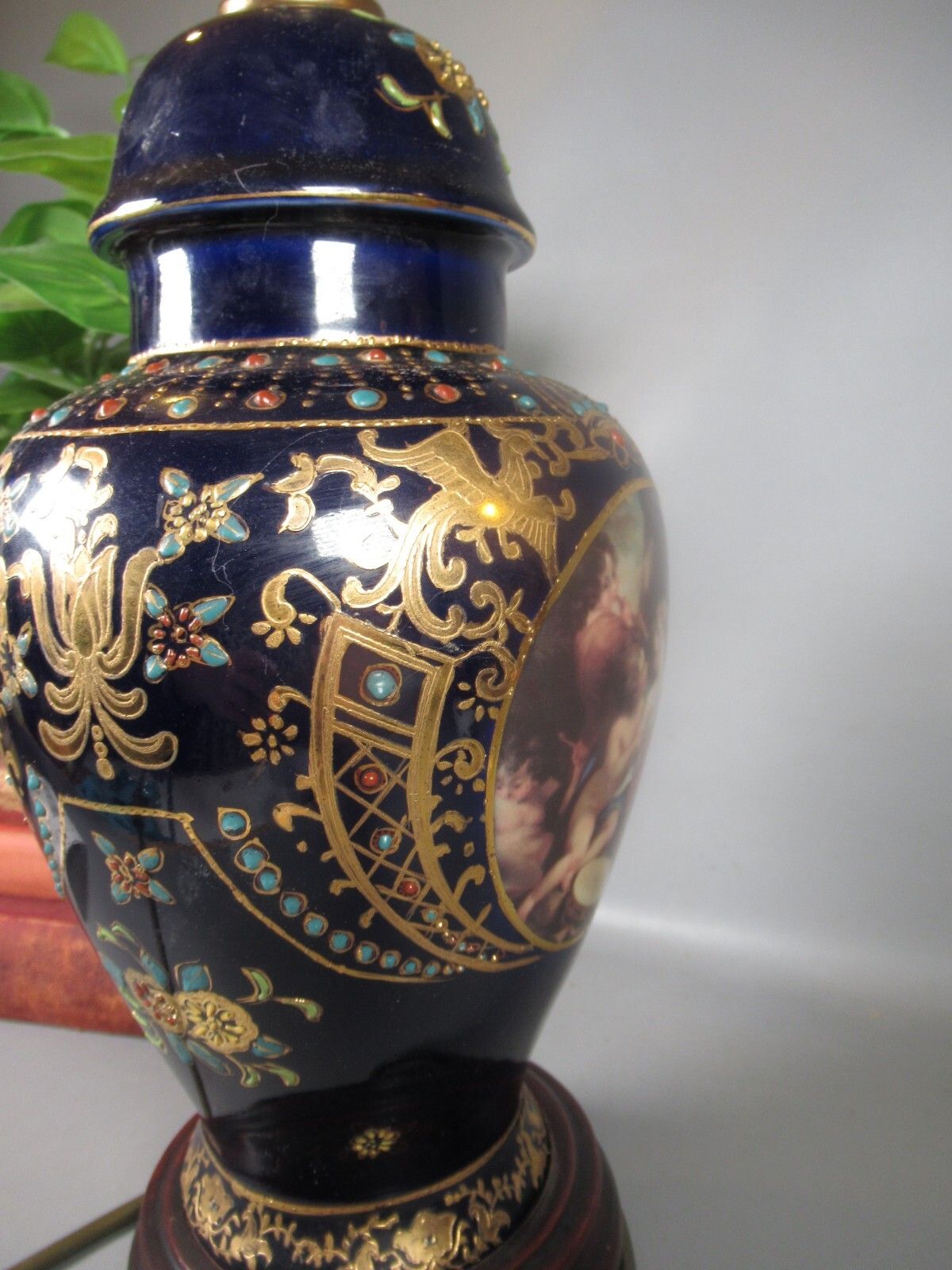 Vintage Vienna Style Cobalt Blue And Gold Bolster Lamp With Classical Scenes photo vintage