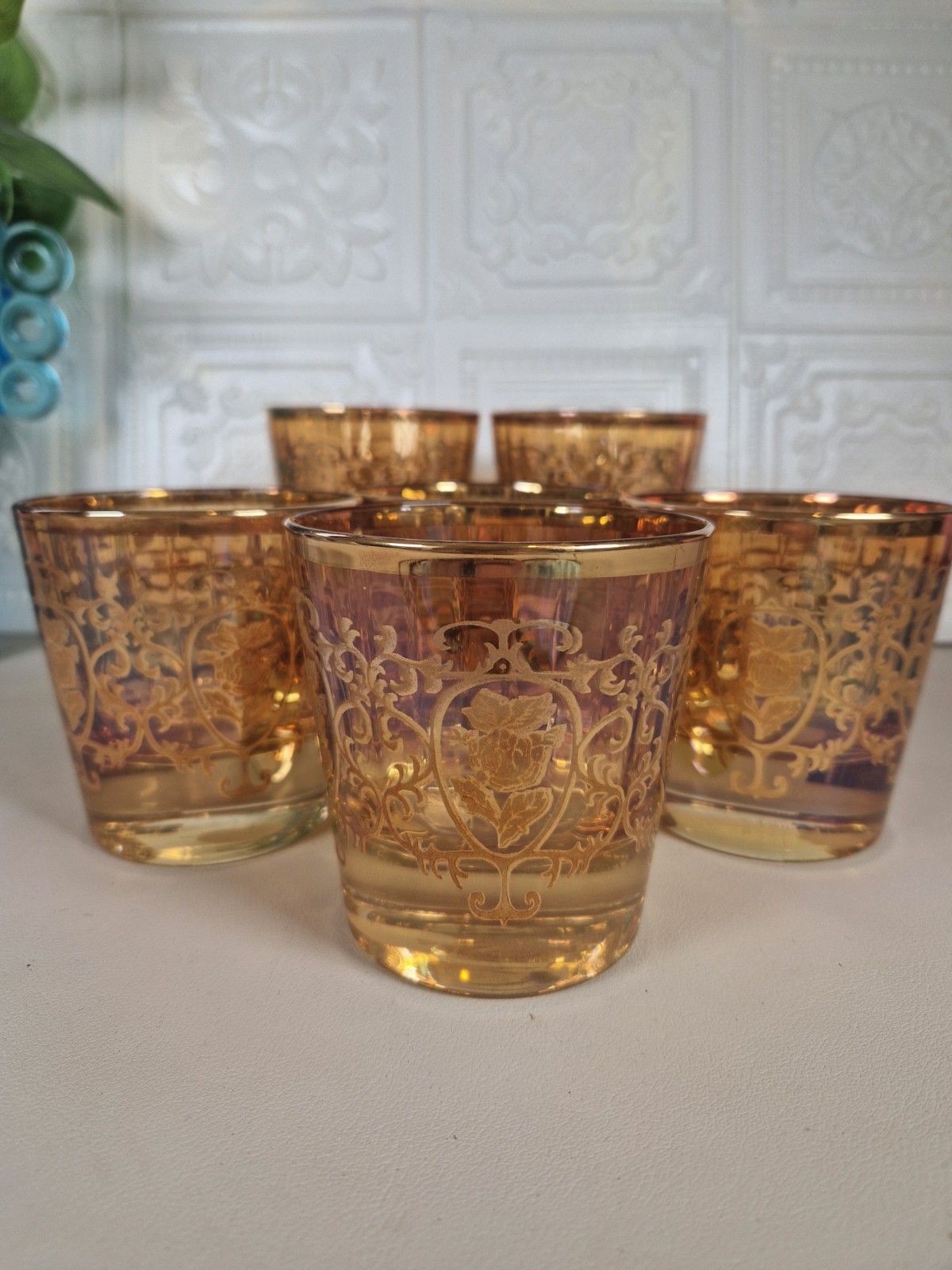 Vintage Cristal Real Gold Set 6 Tumblers Glasses Italian J Preziosi Lavorato