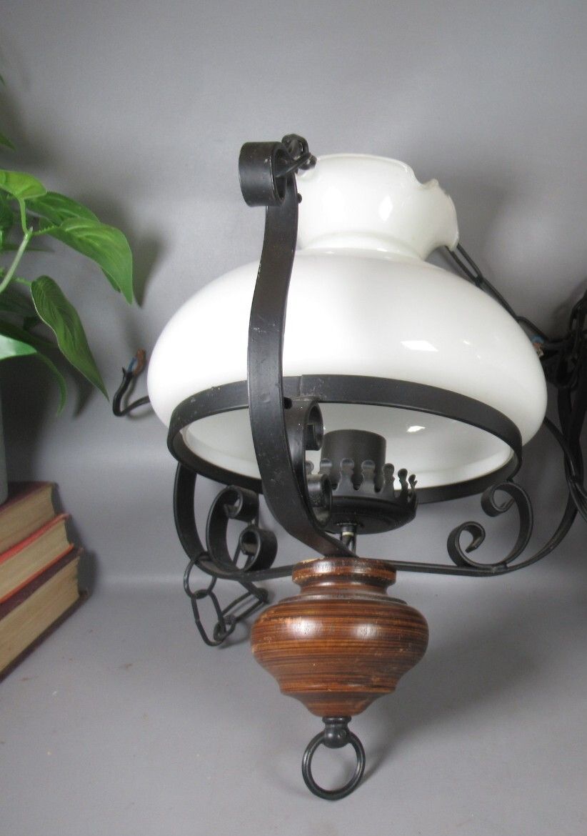Vintage Electric Ceiling Oil Lanterns Black Metal Wooden Finial White Shade
