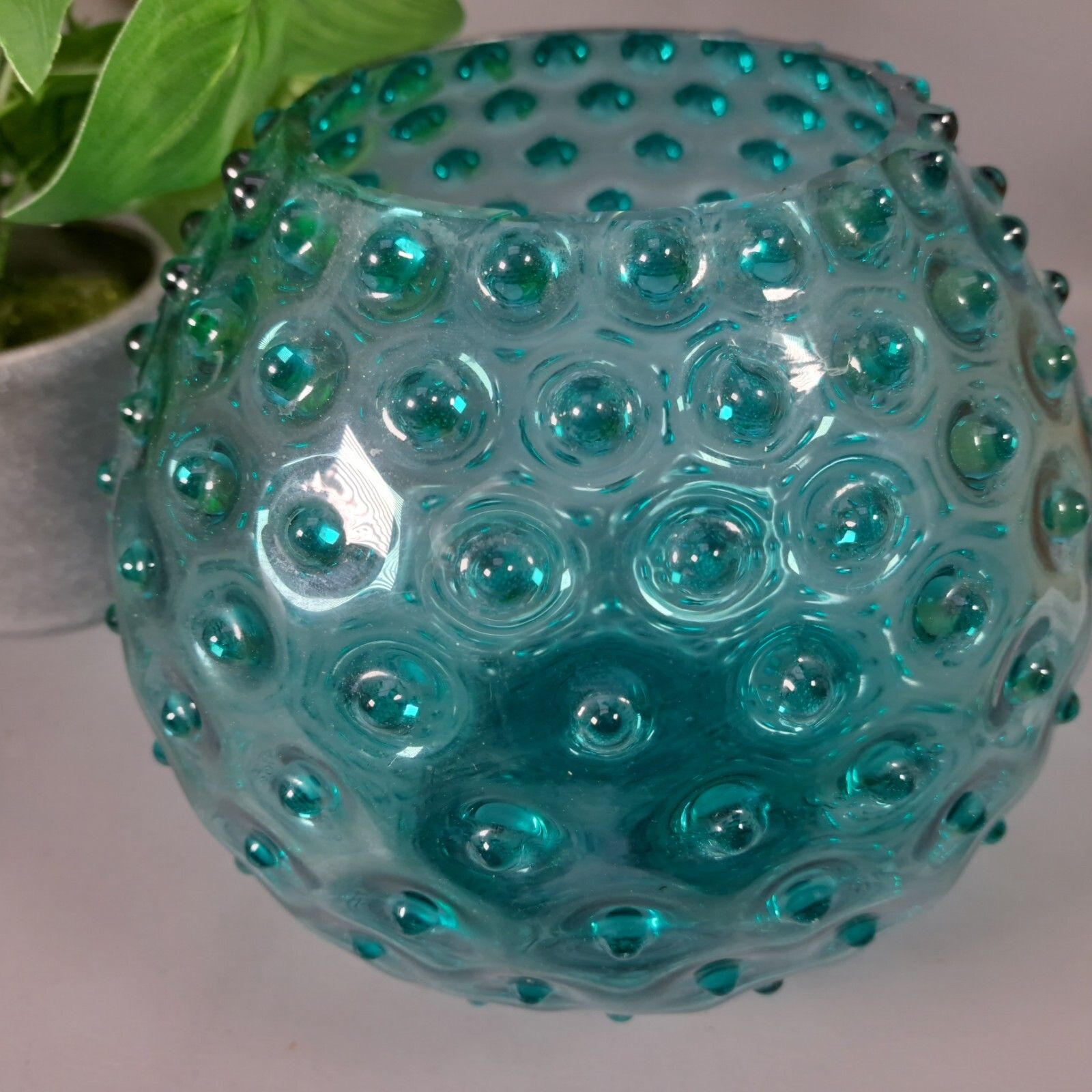 Mid Century Blue Sklo Nipple Round Globe Vase 7.5 Inch Hobnail Glass photo for sale