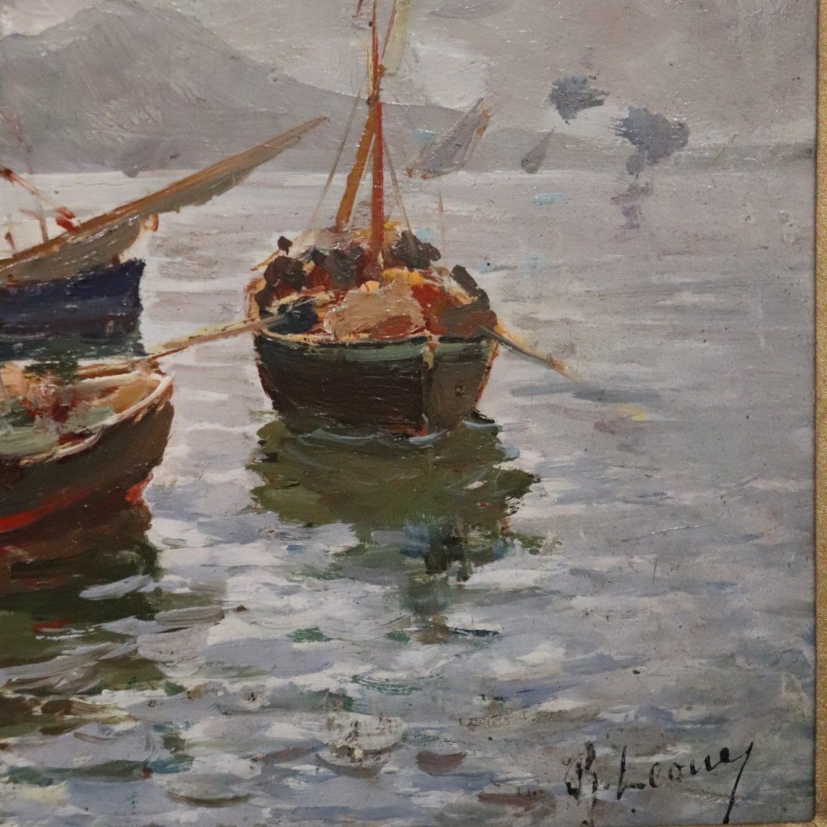 R. Leone, Gulf Of Naples With Fishermen, Oil Painting On Board, Early 20th Century, Framed photo for sale