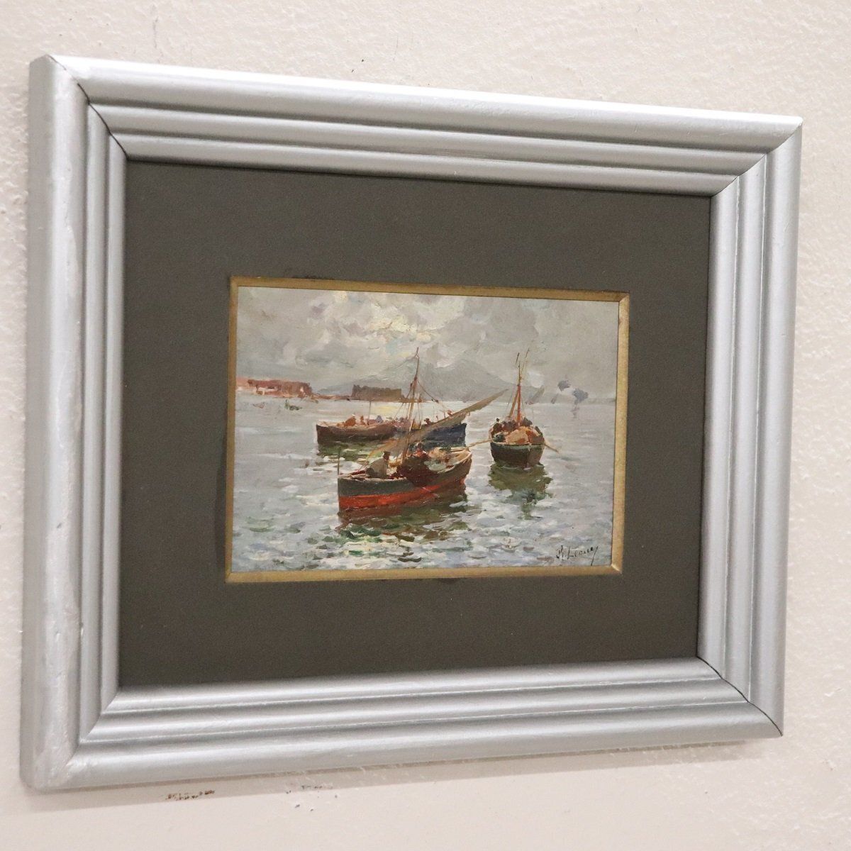 photo for sale R. Leone, Gulf Of Naples With Fishermen, Oil Painting On Board, Early 20th Century, Framed