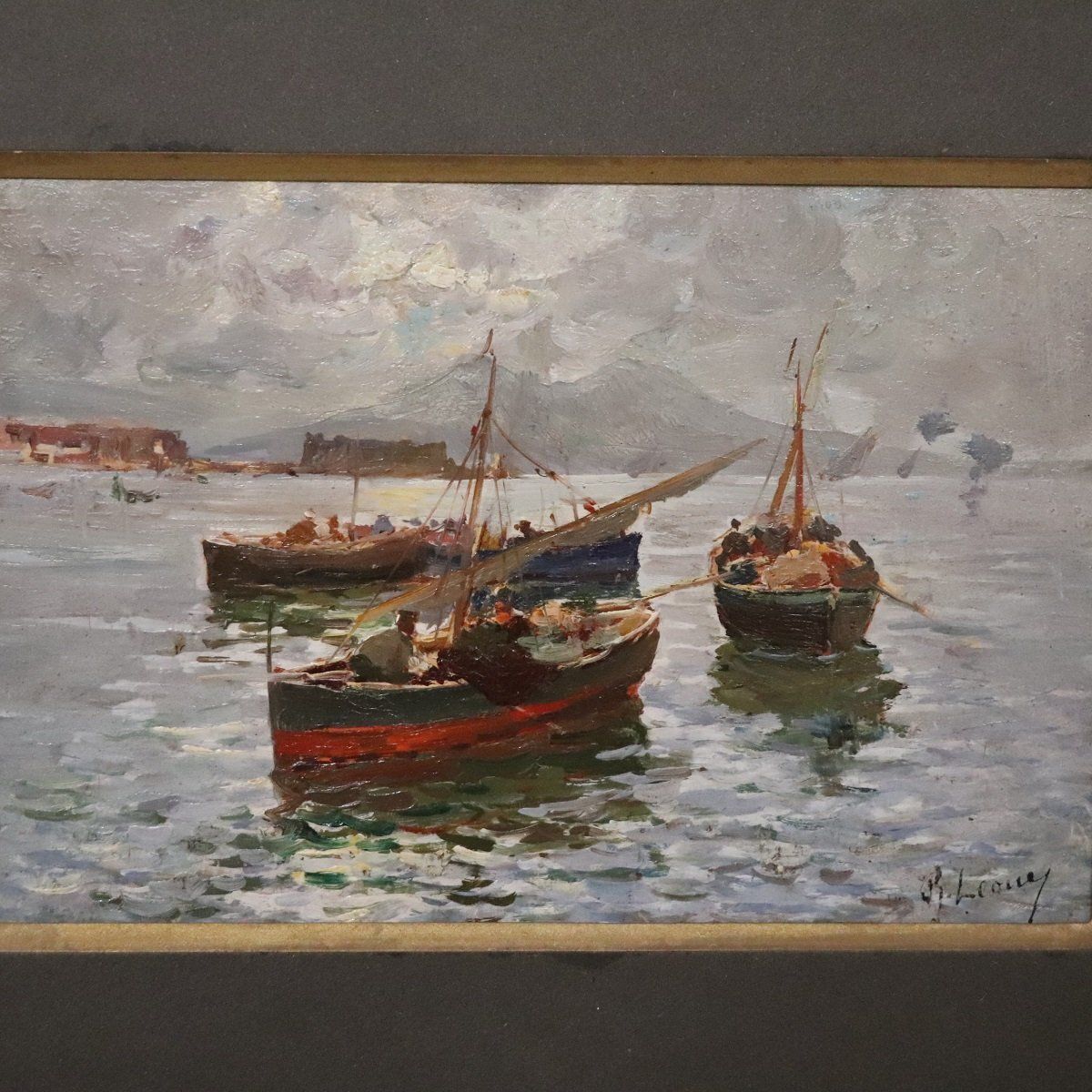 Art R. Leone, Gulf Of Naples With Fishermen, Oil Painting On Board, Early 20th Century, Framed photo