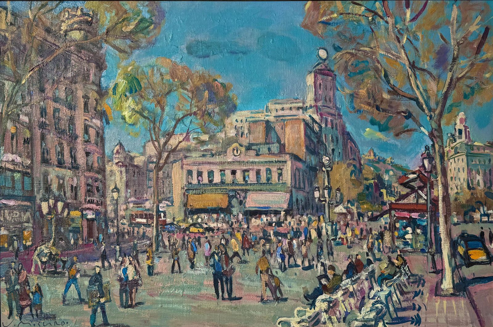 Josep Moscardo Las Ramblas Barcelona Oil On Canvas, Signed, 1990s, Framed C.1990