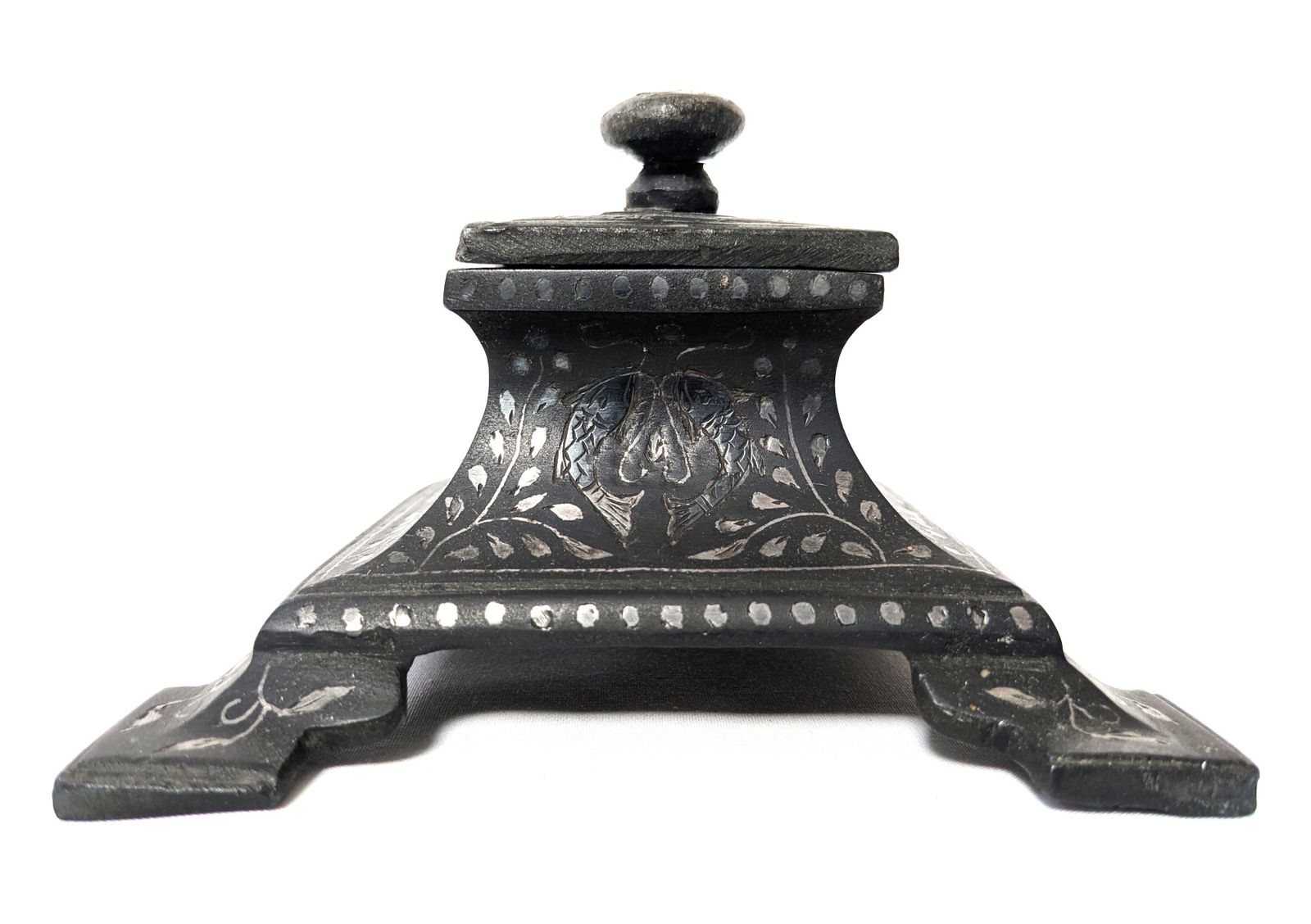 Antique Indian Lucknow Bidriware Sterling Silver Inlaid Decorated Inkwell photo furniture