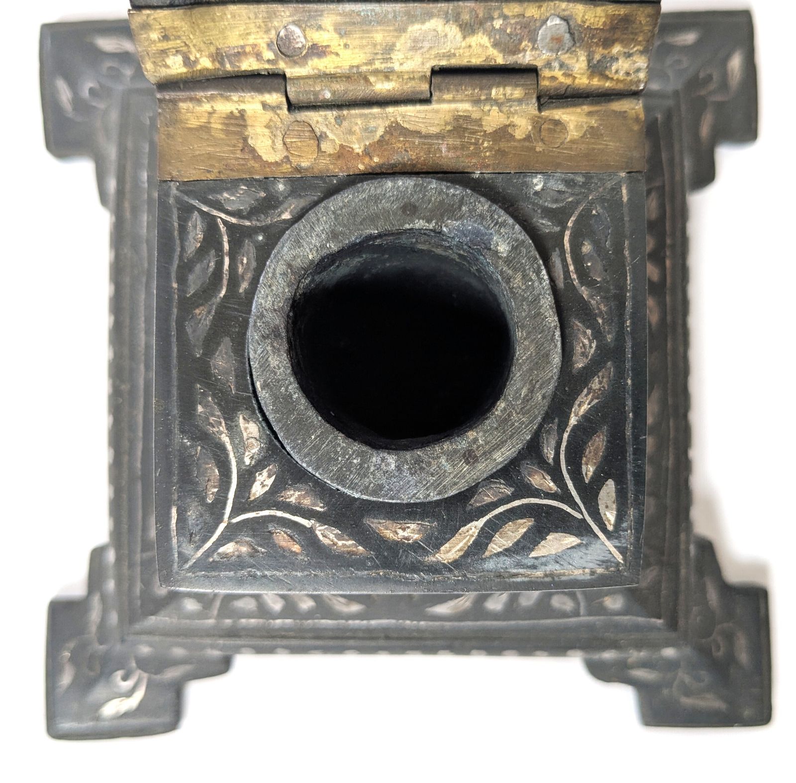 photo for sale Antique Indian Lucknow Bidriware Sterling Silver Inlaid Decorated Inkwell