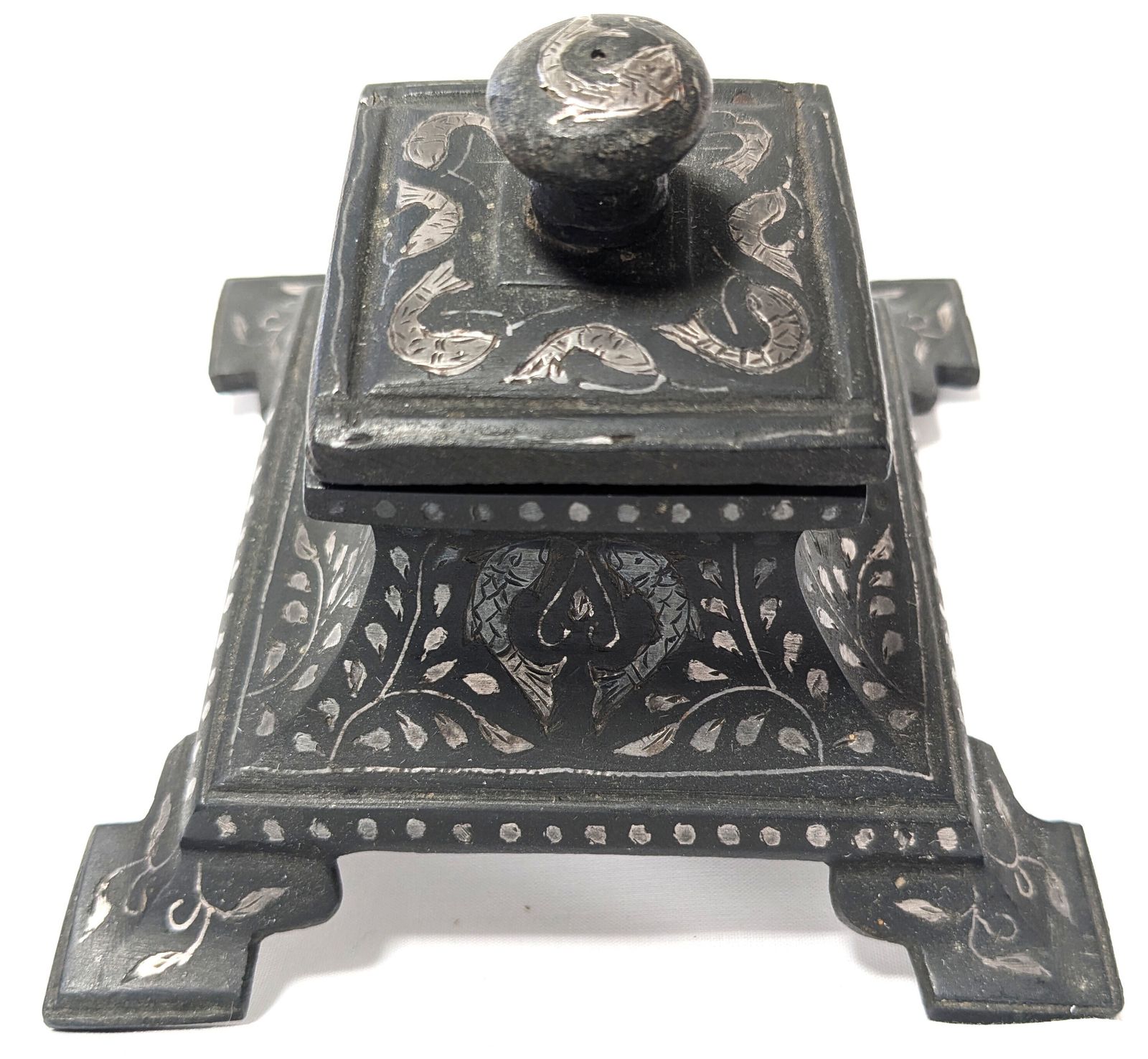 photo buy Antique Indian Lucknow Bidriware Sterling Silver Inlaid Decorated Inkwell