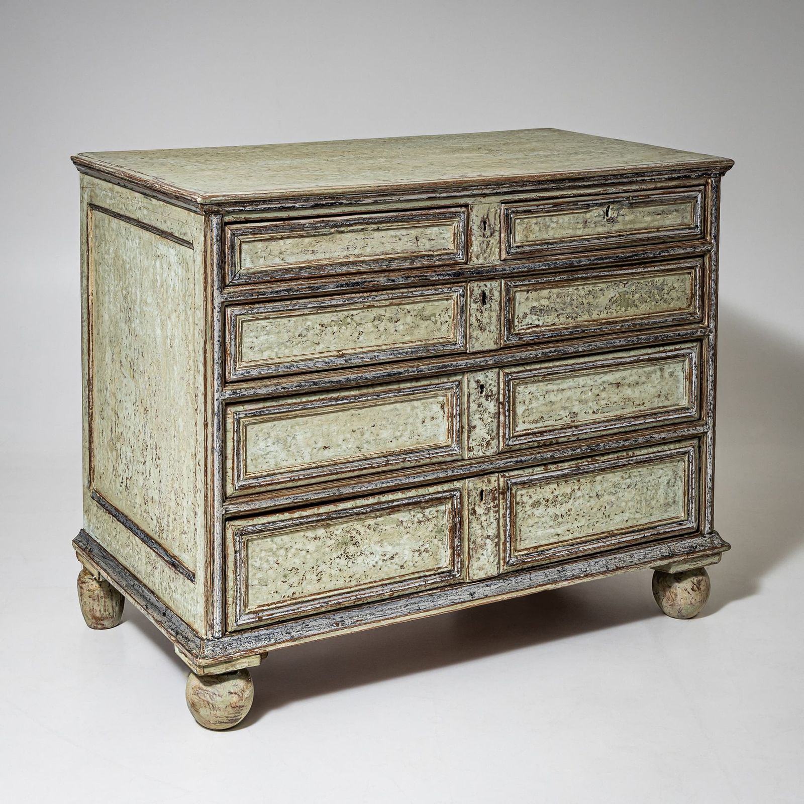 Light Green Patinated Chest Of Drawers With Silvered Accents, Late 18th Century