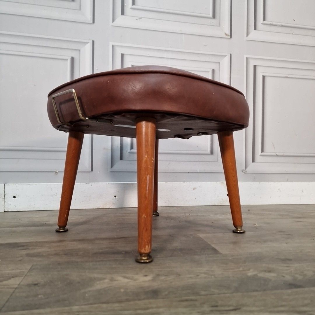 Vintage Vinyl Footstool Tapered Legs Mid Century Leather Effect Retro Stool photo for sale
