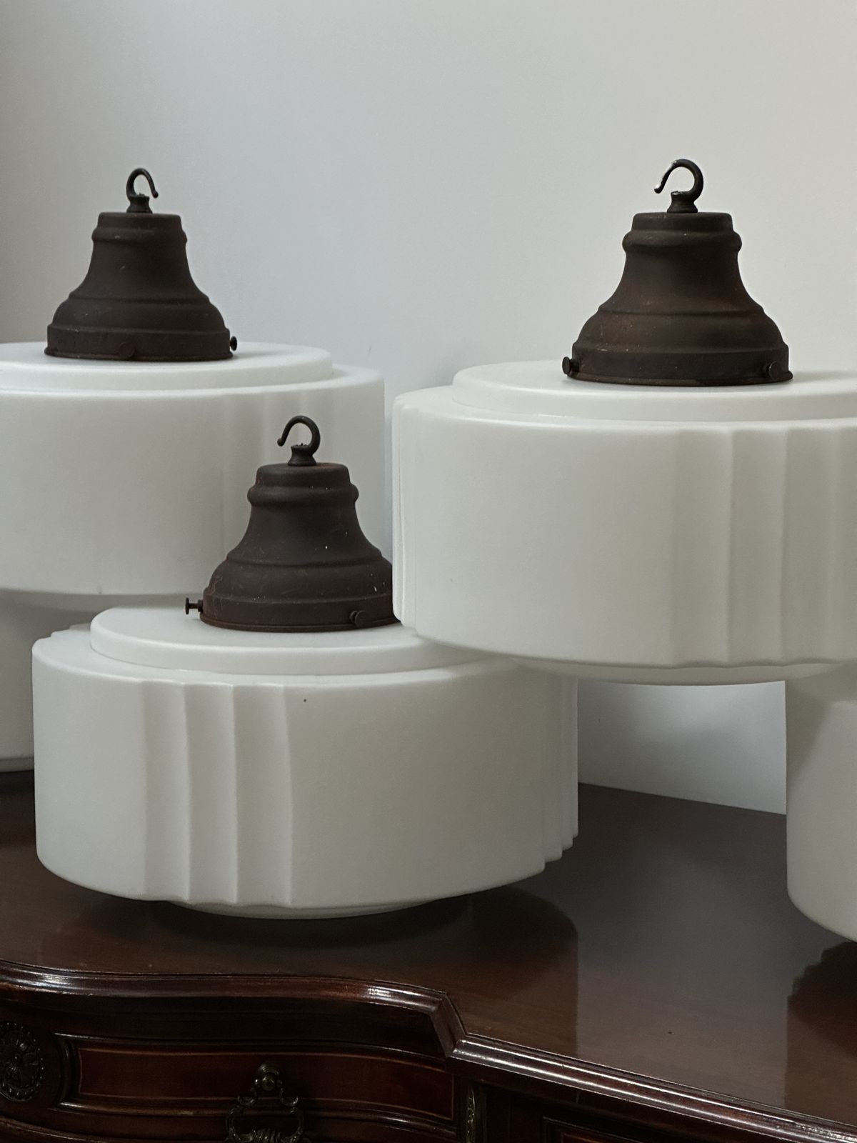 photo for sale Run Set Large Antique Church Stepped Satin Opaline Milk Glass Ceiling Pendant Light Lamp