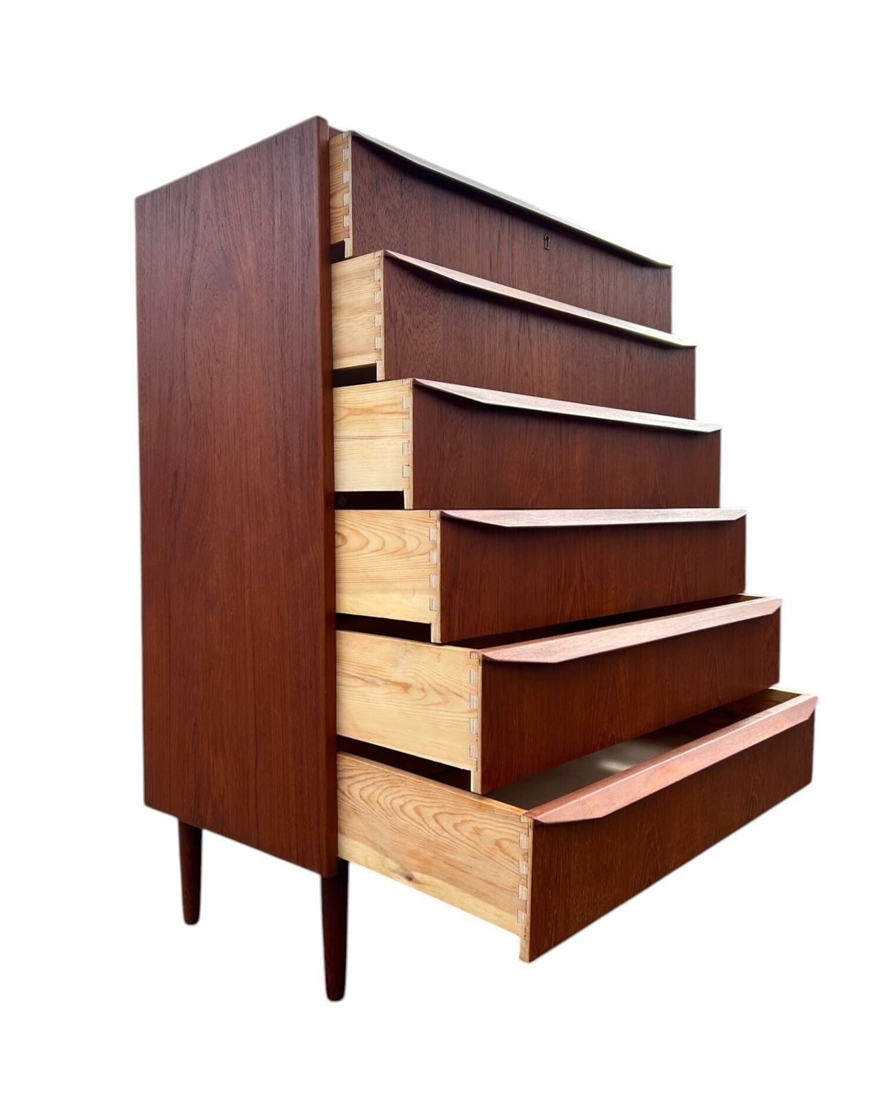 Danish Teak Chest Of Drawers Scalloped Handles Mid Century Tallboy 1960s photo for sale