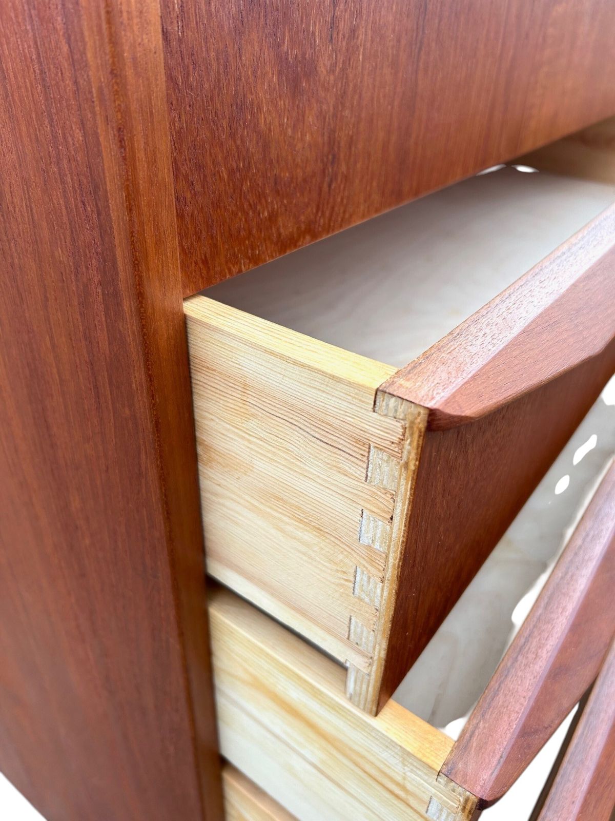 Danish Teak Chest Of Drawers Scalloped Handles Mid Century Tallboy 1960s photo vinterior