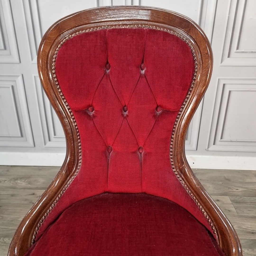 Antique Style Slipper Chair Spoon Button Back Red Upholstery Victorian Bedroom photo vinterior