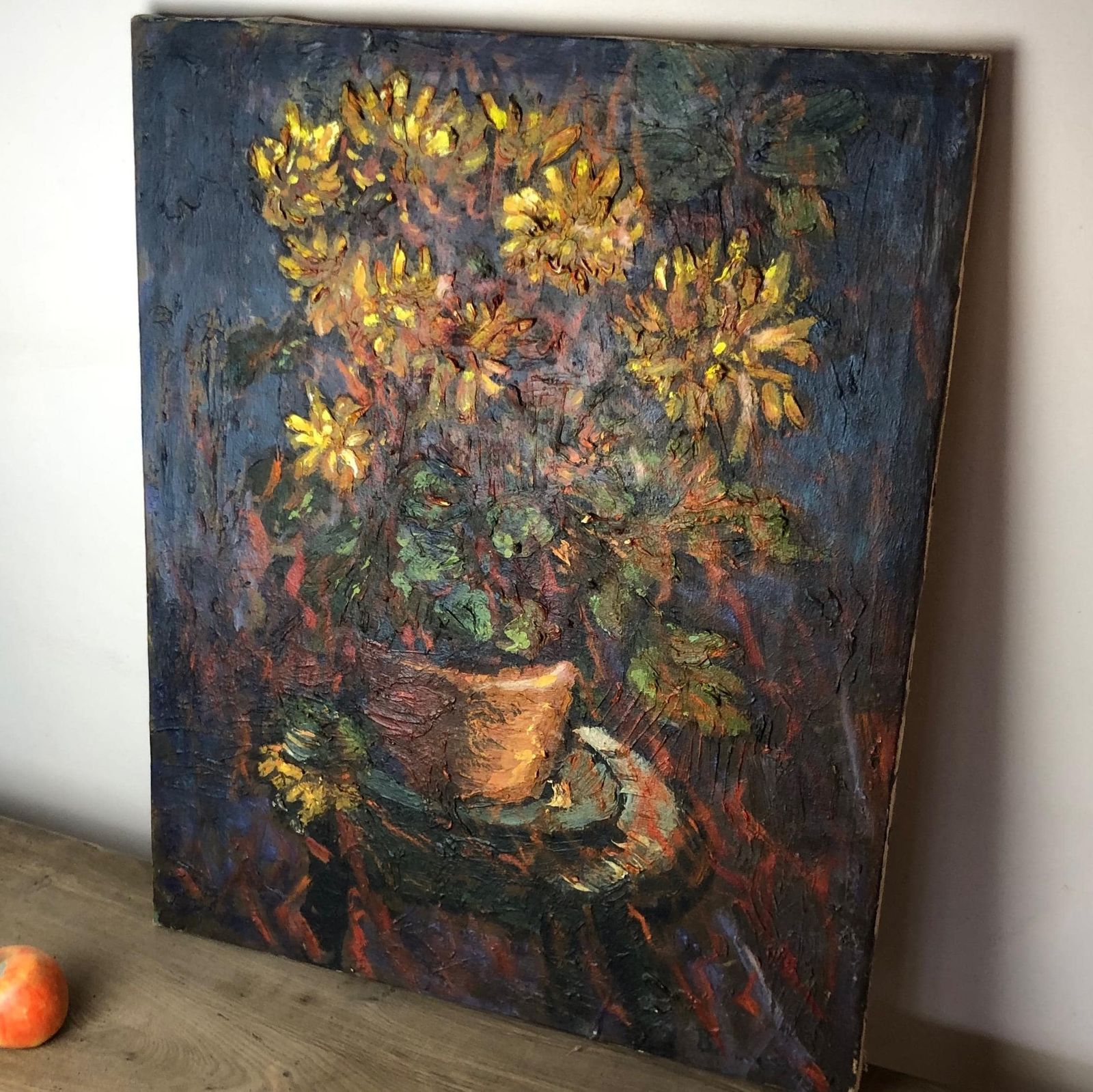 Original Mid Century Oil Painting: Yellow Chrysanthemums In Terracotta Pot photo 153.0