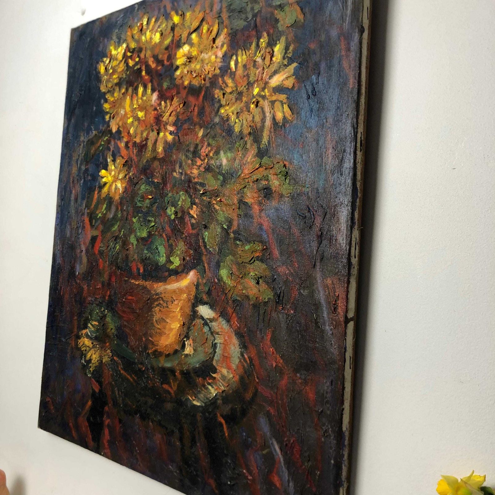 Original Mid Century Oil Painting: Yellow Chrysanthemums In Terracotta Pot photo vintage