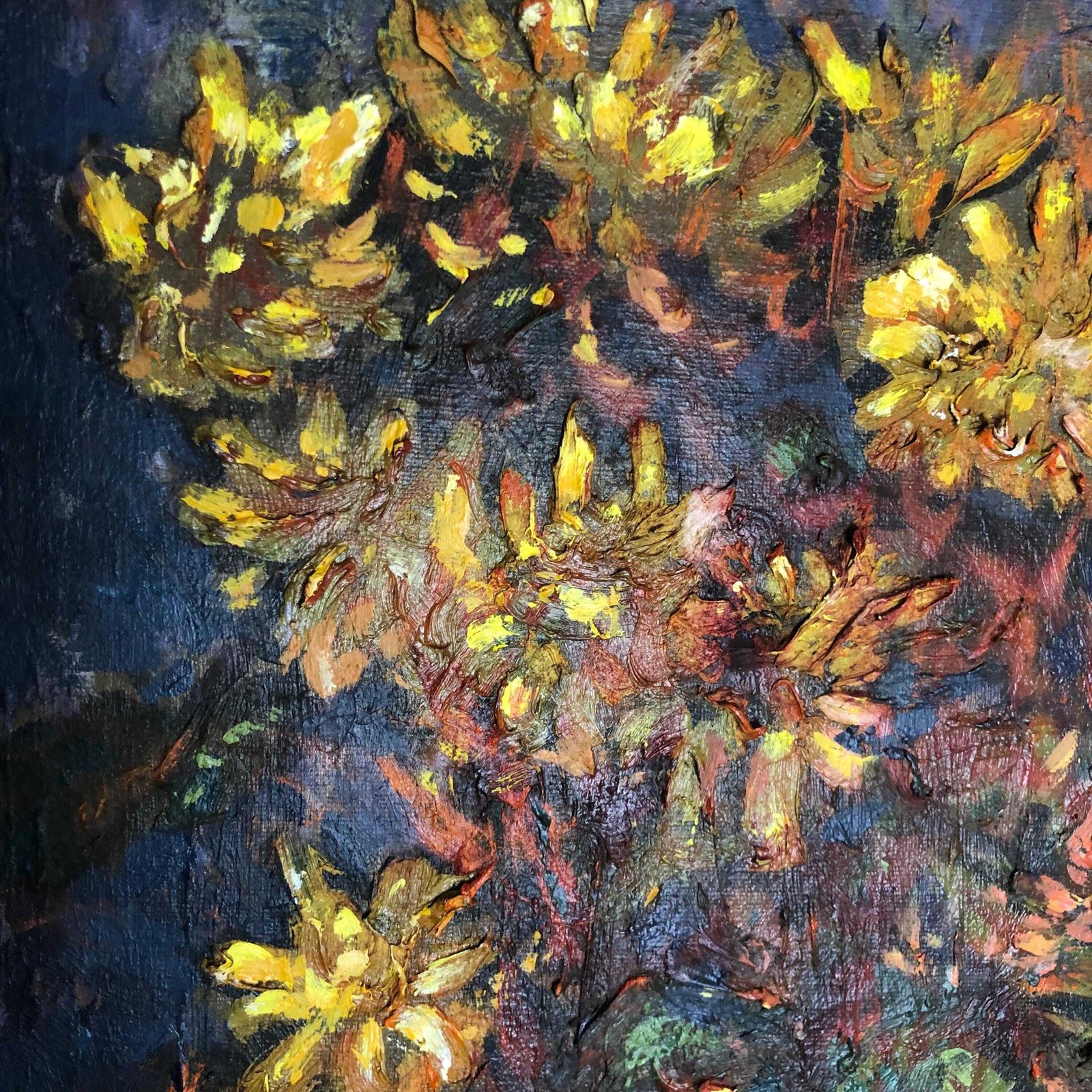 Art Original Mid Century Oil Painting: Yellow Chrysanthemums In Terracotta Pot photo
