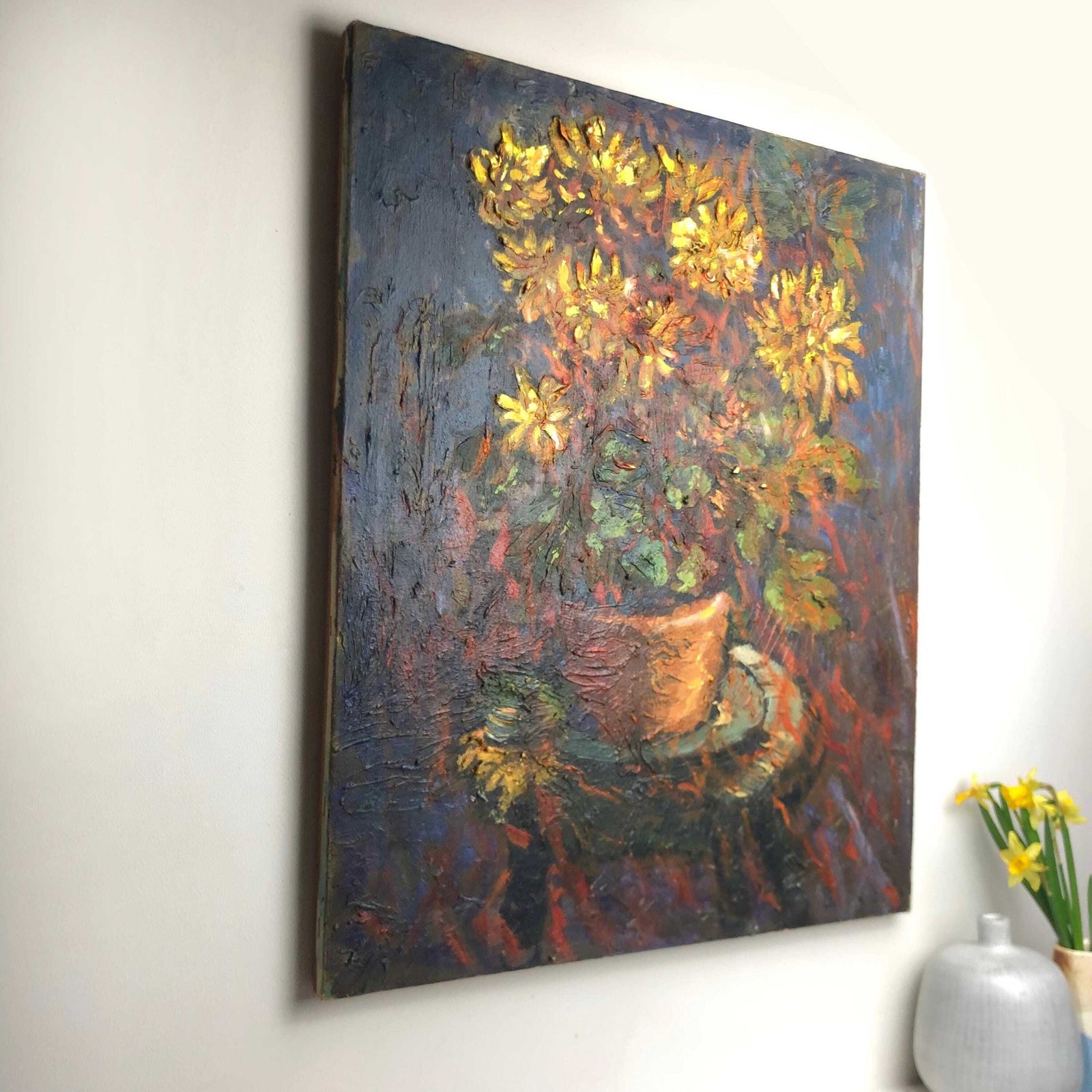 153.0 Original Mid Century Oil Painting: Yellow Chrysanthemums In Terracotta Pot photo