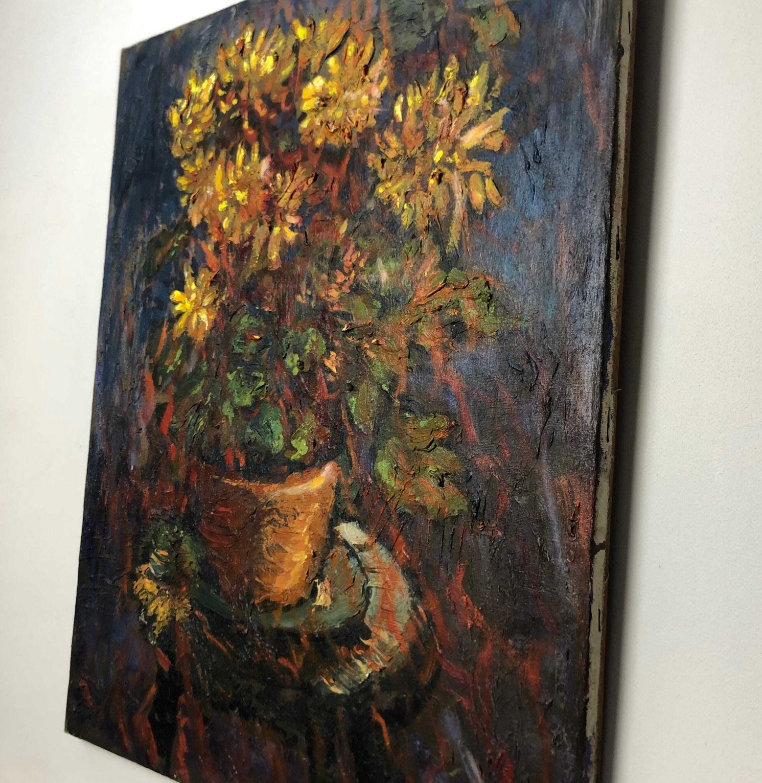 photo vinterior Original Mid Century Oil Painting: Yellow Chrysanthemums In Terracotta Pot