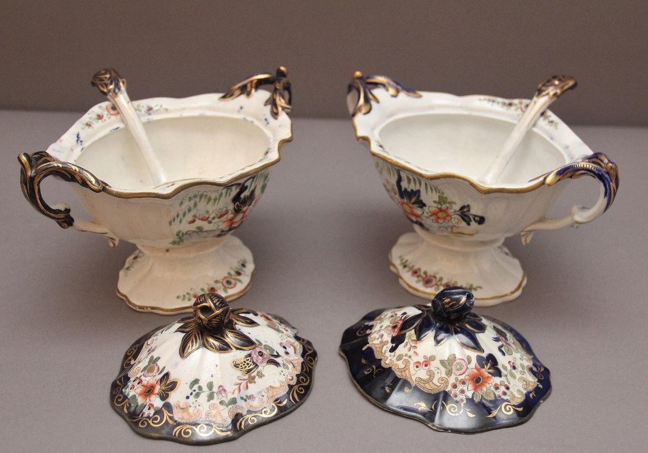 Pair 19th Century Masons Ironstone Sauce Tureens With Ladles photo furniture