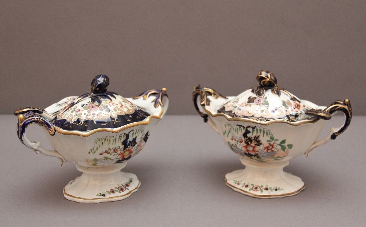 Pair 19th Century Masons Ironstone Sauce Tureens With Ladles photo vinterior