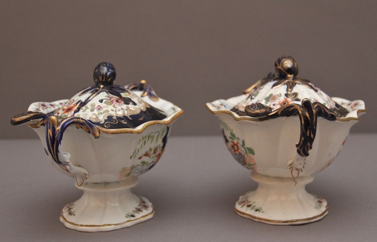 Pair 19th Century Masons Ironstone Sauce Tureens With Ladles photo vintage
