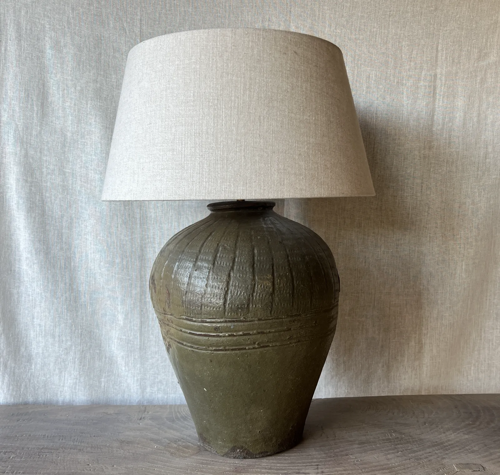 Striking Olive Green Unglazed Pot Lamp With Belgium Linen Shade