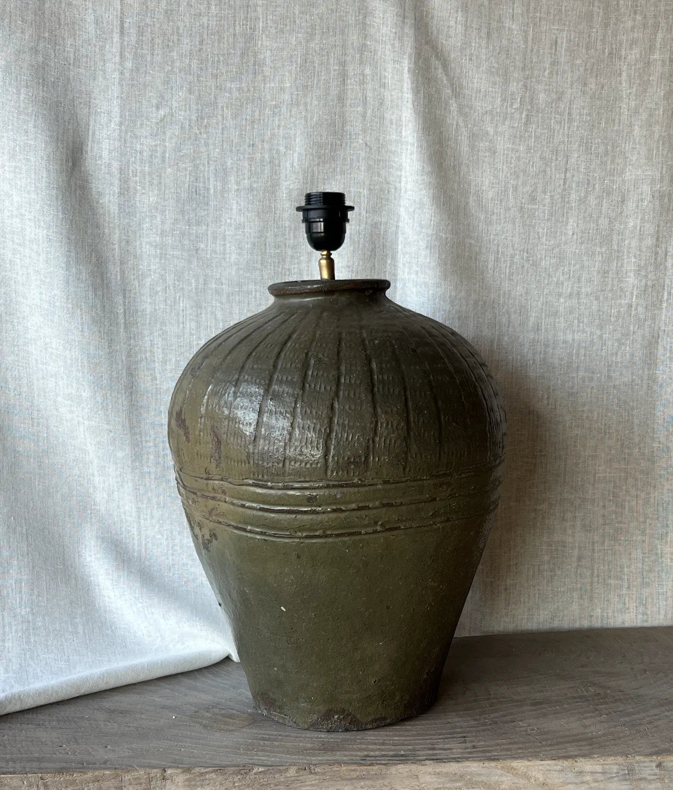 Striking Olive Green Unglazed Pot Lamp With Belgium Linen Shade photo Lighting