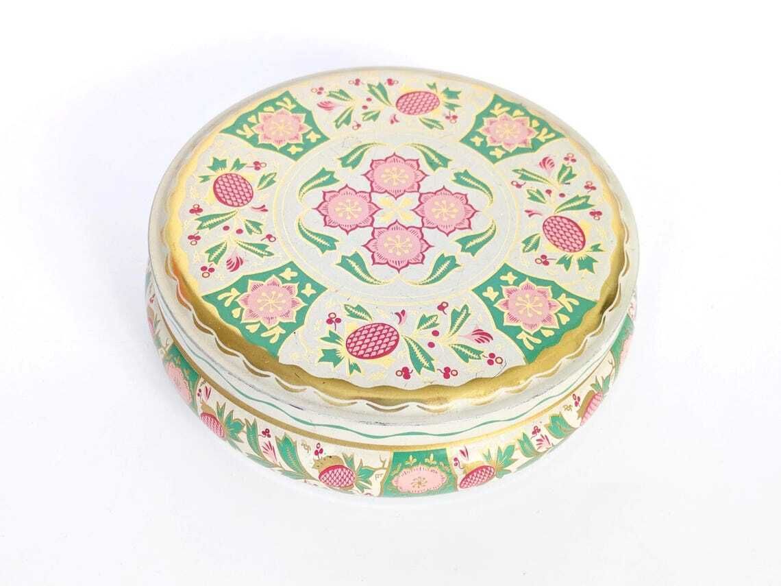 Vintage Midcentury Round Tin Box With Lid, Pastel Botanical Design With Gold Accents
