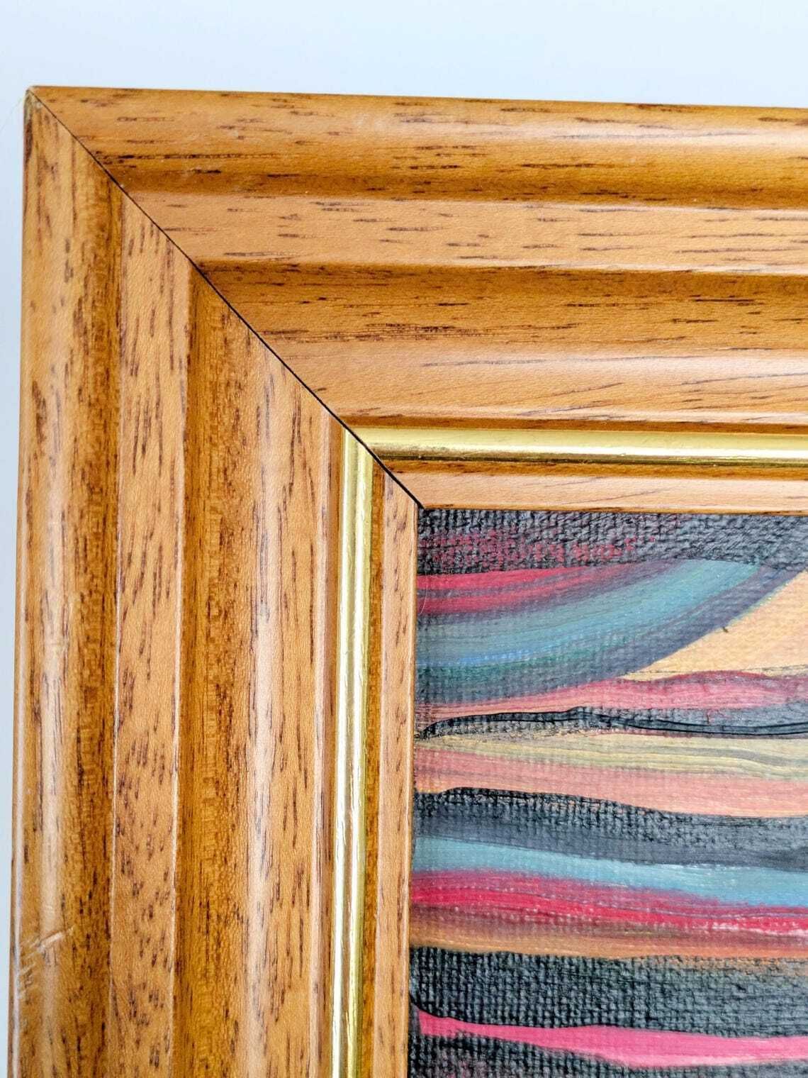 photo vinterior Vintage Abstract Oil Painting On Canvas, Surrealist Inspired Composition In Wooden Frame