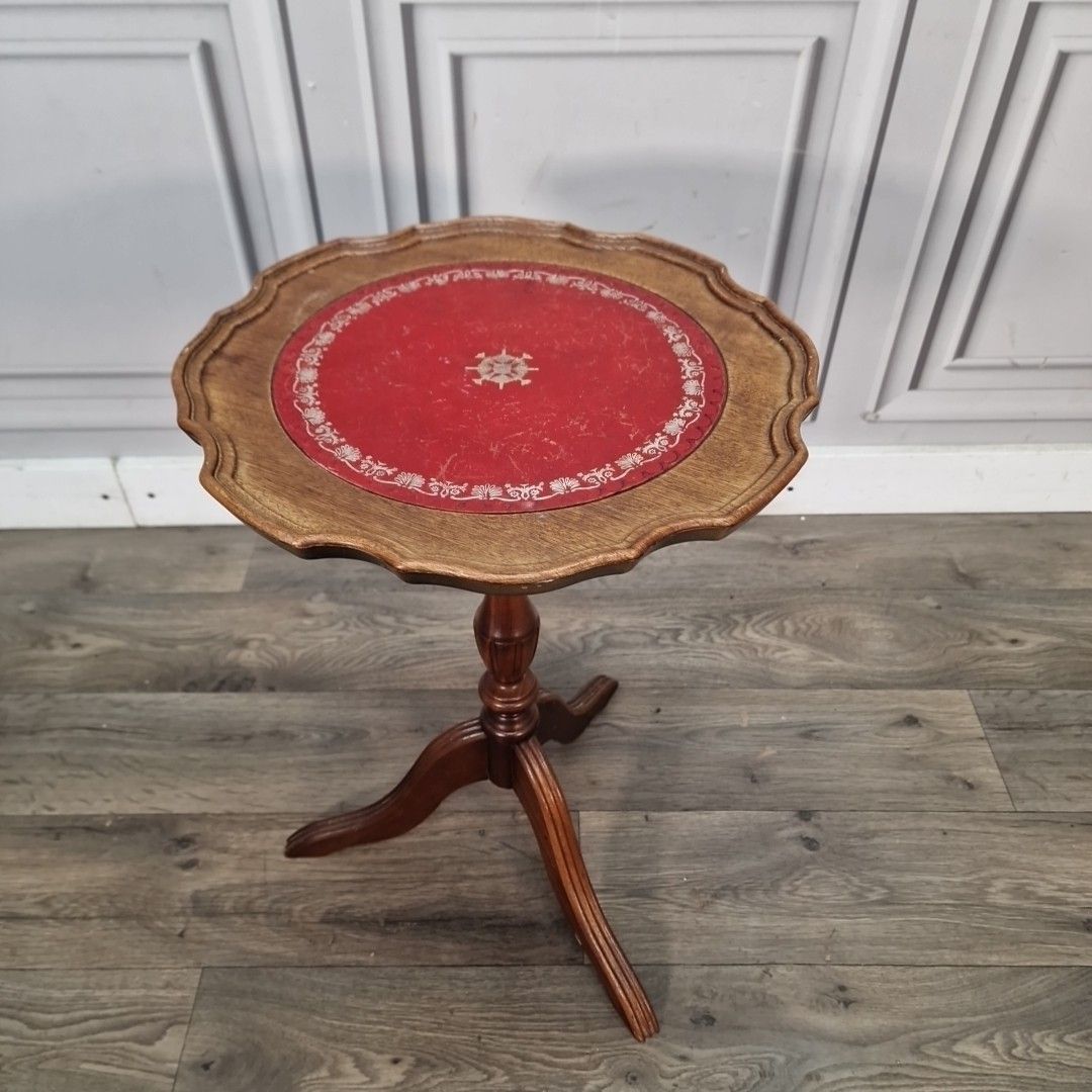 Vintage Side Wine Table Red Faux Leather Top Tripod Retro Antique Style photo furniture