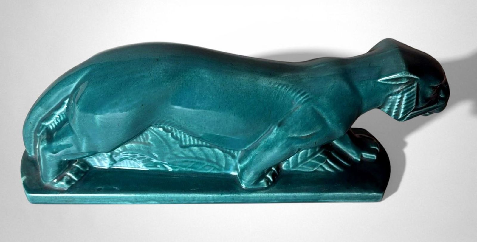 Art Deco Saint Clément Style Panther France Green Glazed Ceramic photo for sale