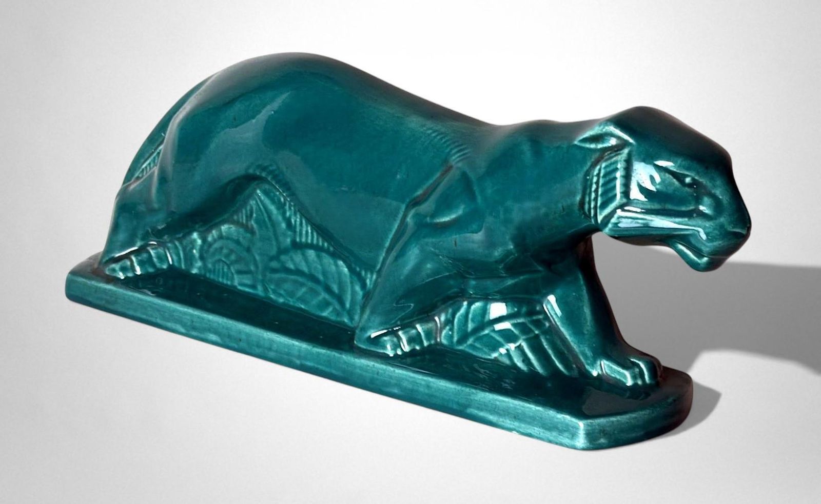Art Deco Saint Clément Style Panther France Green Glazed Ceramic photo Art