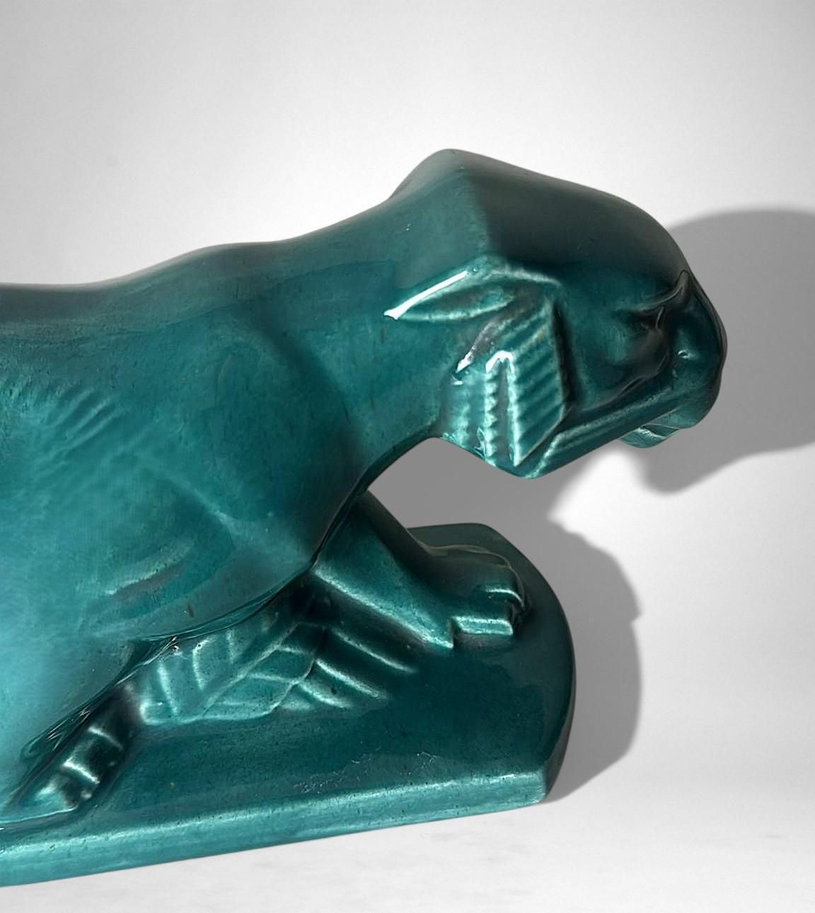 516.0 Art Deco Saint Clément Style Panther France Green Glazed Ceramic photo