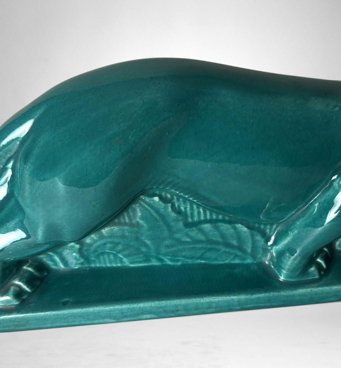 photo vintage Art Deco Saint Clément Style Panther France Green Glazed Ceramic