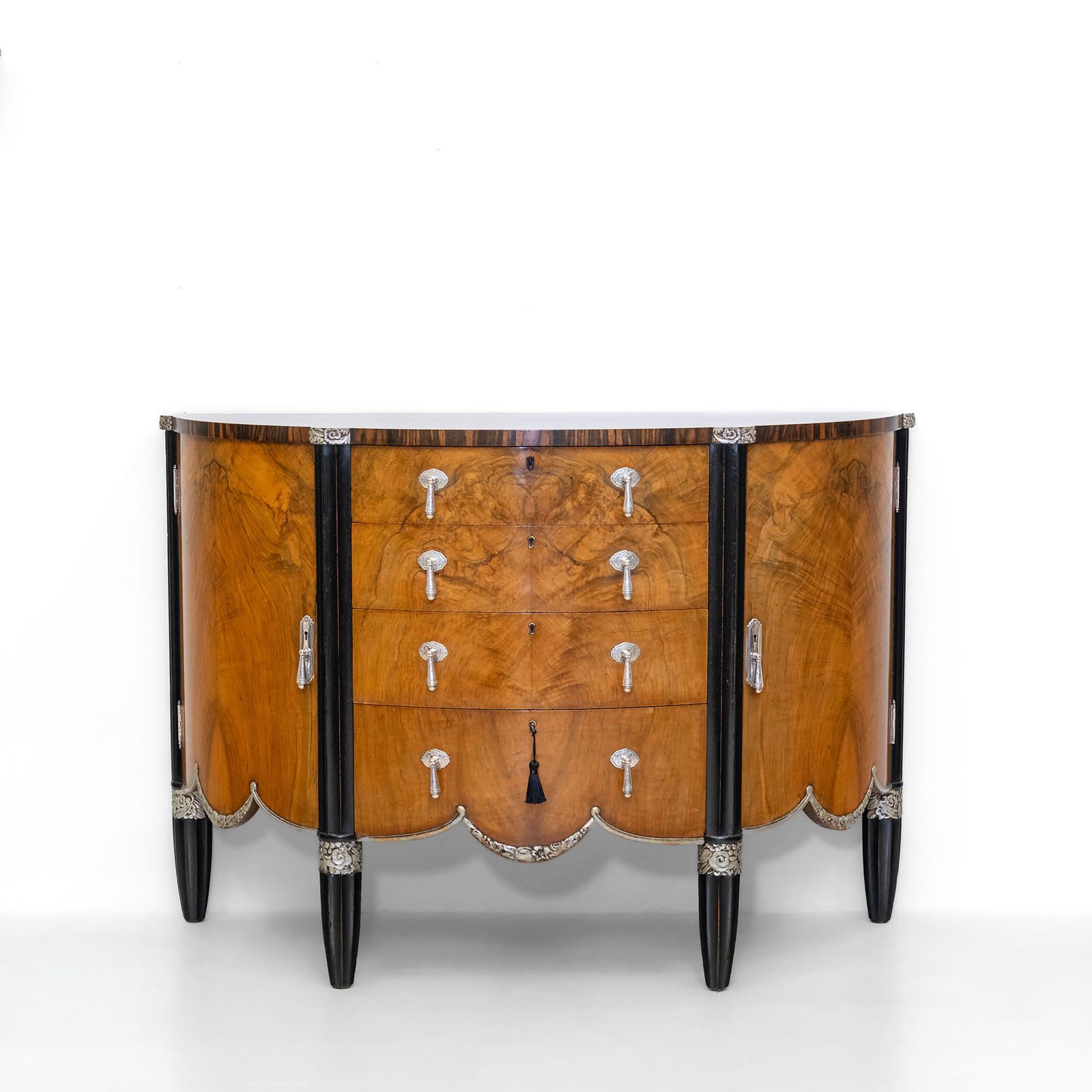 Fine Art Deco Demi Lune Cabinet With Silver Plated Handles Late 1920’s