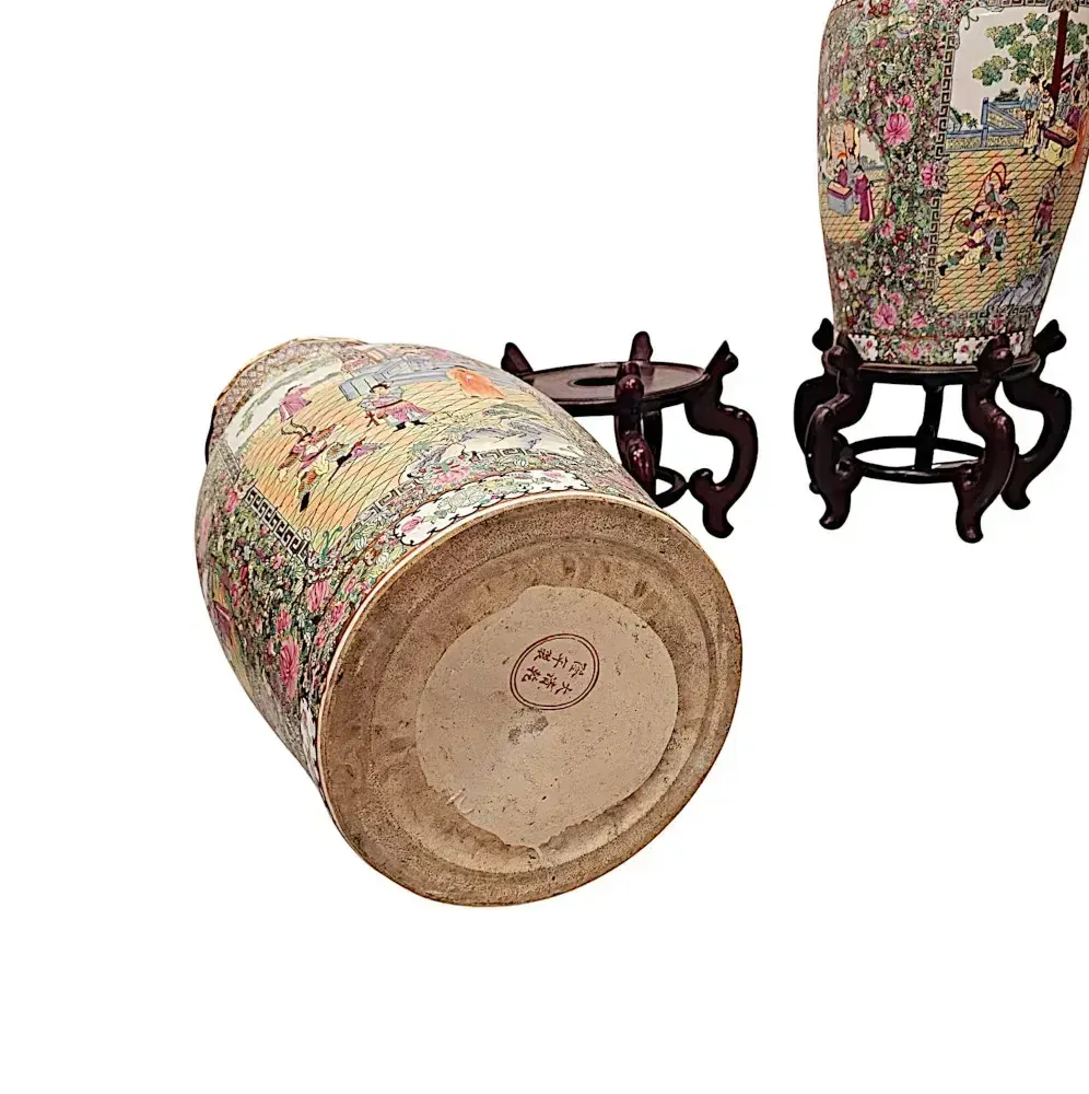 A Very Fine And Impressive Pair Of Early 20th Century Oriental Hand Painted Urns On Timber Stands photo vintage
