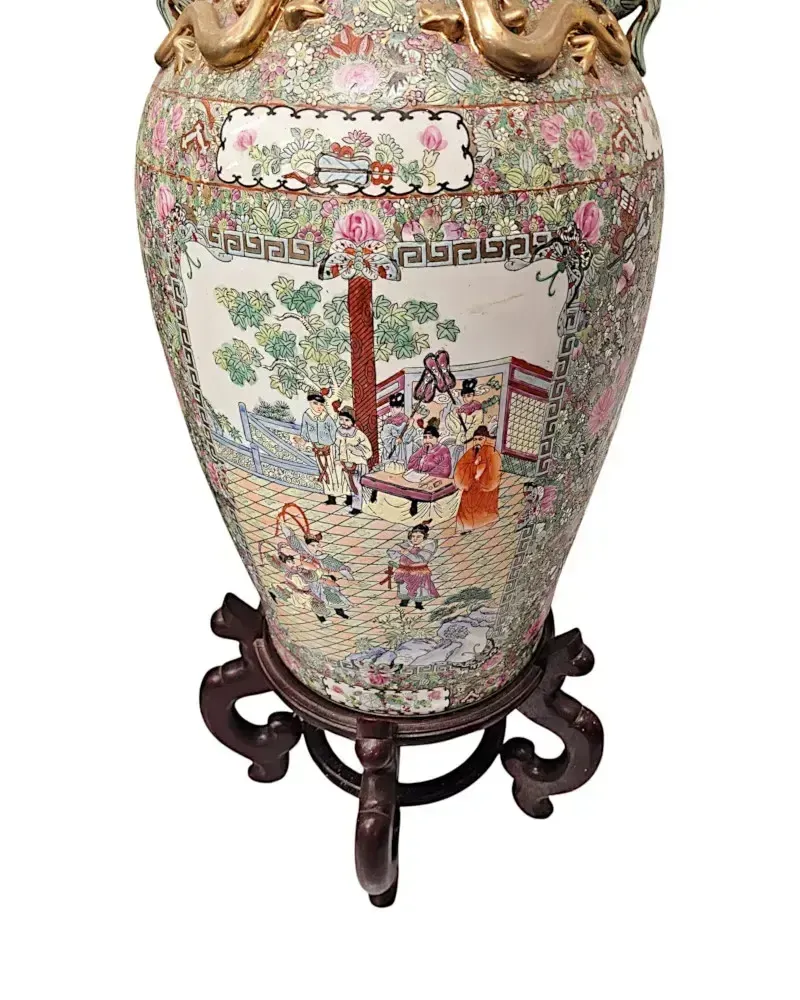12225.12225 A Very Fine And Impressive Pair Of Early 20th Century Oriental Hand Painted Urns On Timber Stands photo