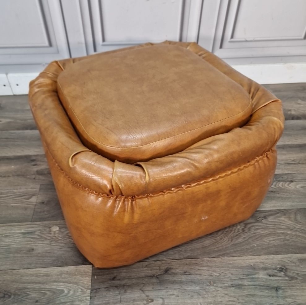 Vintage Tan Sherborne Footstool Pouffe Mid Century Foot Rest Faux Leather Vinyl