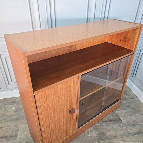 Retro Bookcase Display Shelves Vintage Wood Effect Mid Century Glass Cabinet Mcm photo furniture