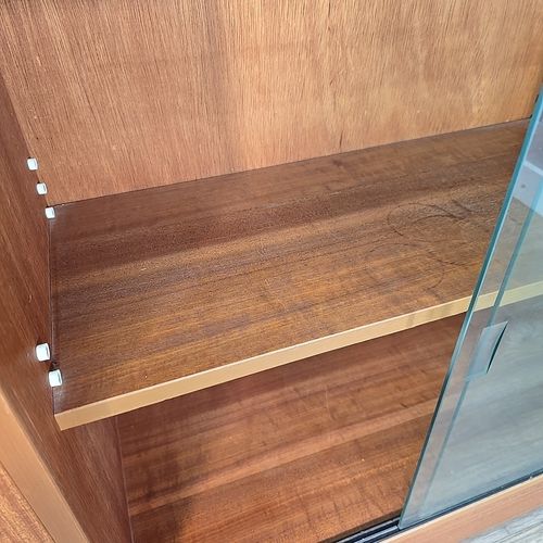 Retro Bookcase Display Shelves Vintage Wood Effect Mid Century Glass Cabinet Mcm photo vintage