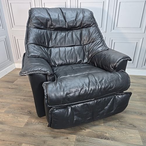 Retro Mid Century Armchair Reclining Swivel Recliner Black Leather Chair Danish photo for sale